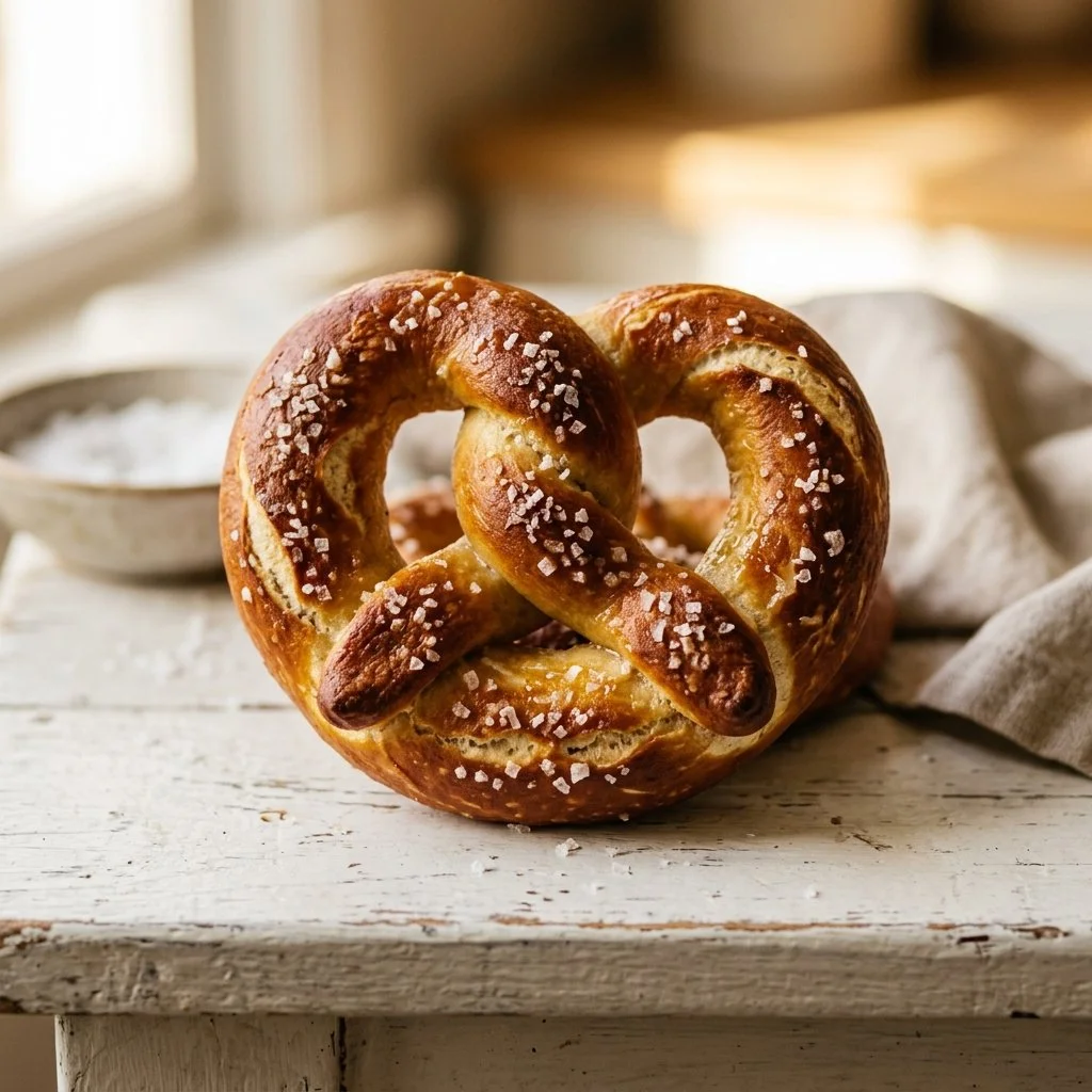 Freshly baked homemade soft pretzels on a wooden board