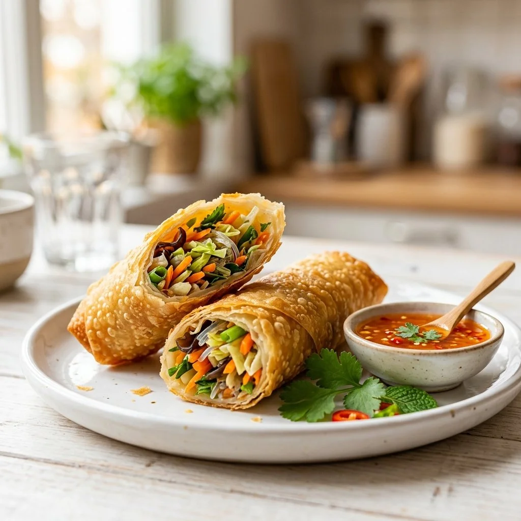 Plate of homemade spring rolls filled with fresh vegetables and herbs