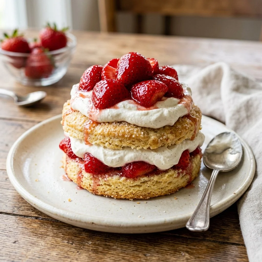 Homemade strawberry shortcake with fresh strawberries and whipped cream