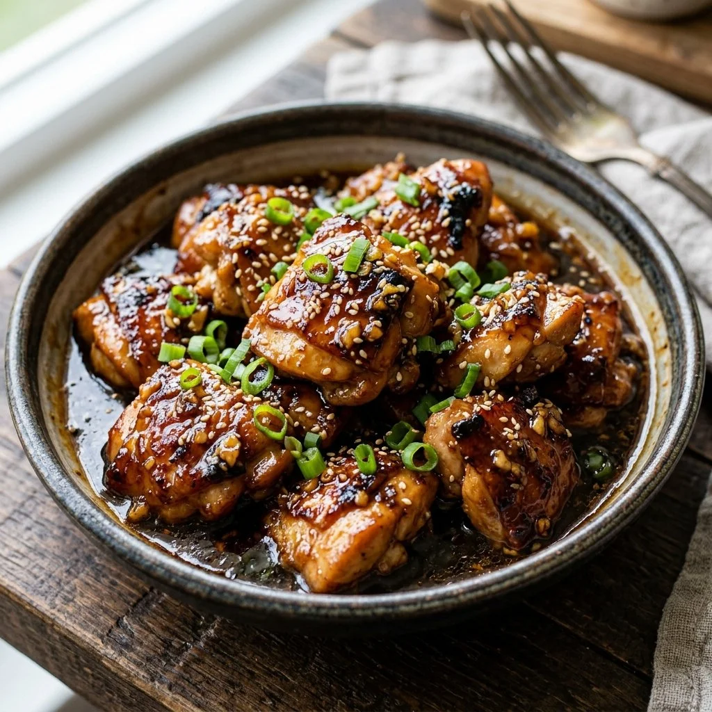 Delicious honey garlic chicken served on a white plate with fresh herbs.