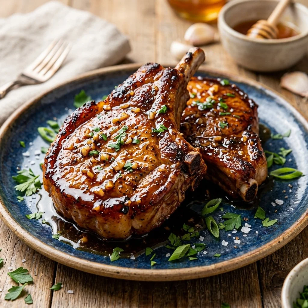 Delicious honey garlic pork chops on a plate garnished with herbs