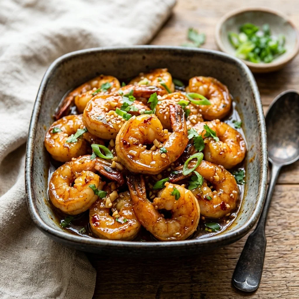 Plate of Honey Garlic Shrimp served with vegetables and rice