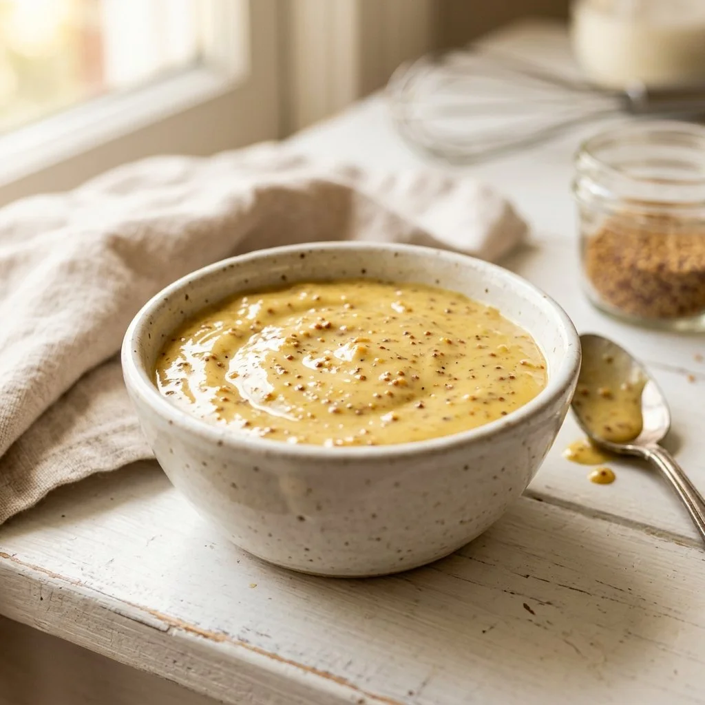 Delicious homemade honey mustard dressing in a small jar with fresh ingredients.