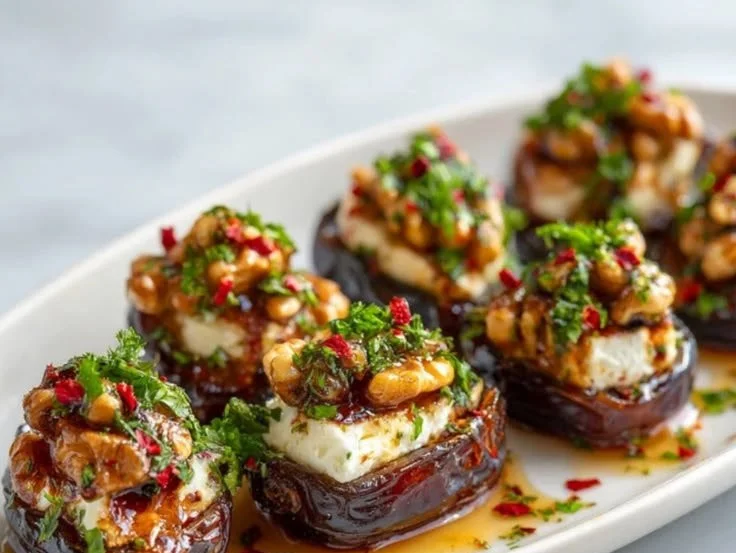 Honey Walnut Stuffed Dates topped with honey and walnuts, a delightful snack.