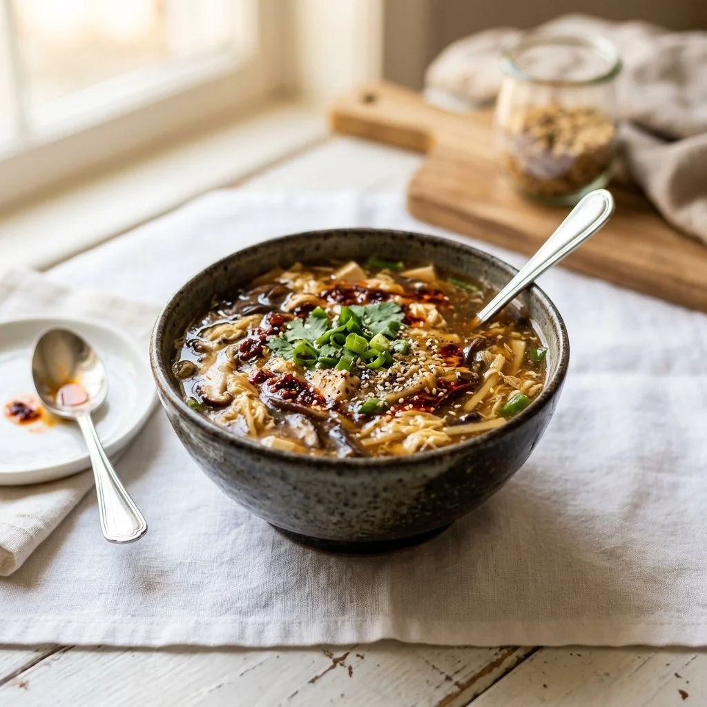 Homemade Hot and Sour Soup served in a bowl with toppings