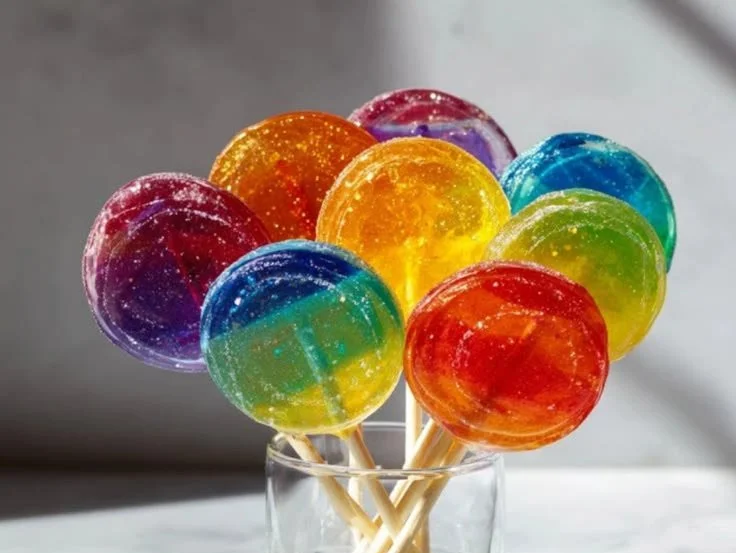 Homemade stained-glass lollipops in vibrant colors on a table.
