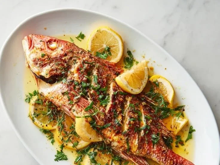 Roasted red snapper garnished with herbs and lemon on a plate.