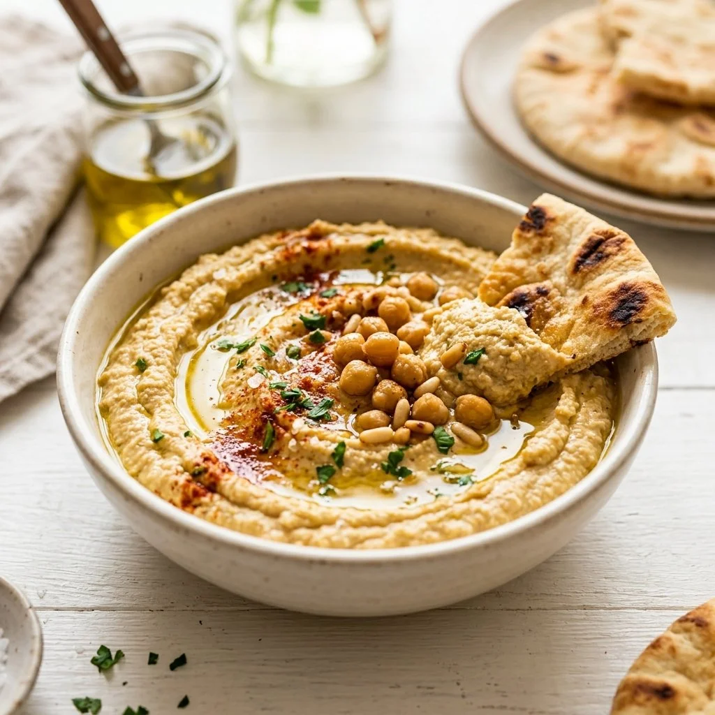 Homemade hummus recipe with chickpeas, tahini, and olive oil served in a bowl.