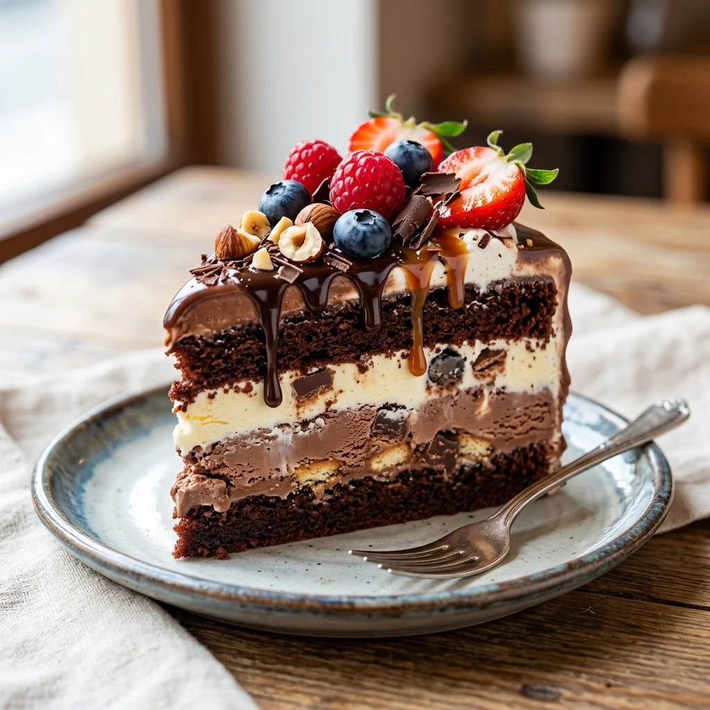 Delicious ice cream cake with colorful sprinkles and chocolate icing