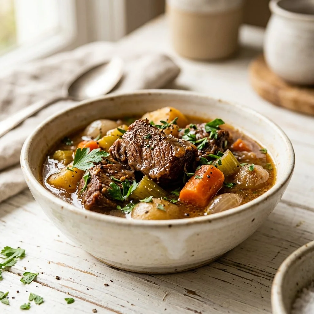 Bowl of hearty Instant Pot beef stew with vegetables and herbs on a wooden table.