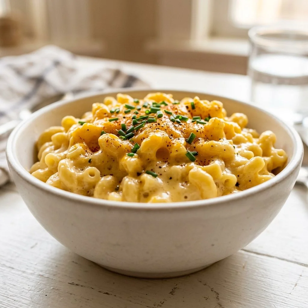 Creamy Instant Pot Mac and Cheese topped with cheese and herbs