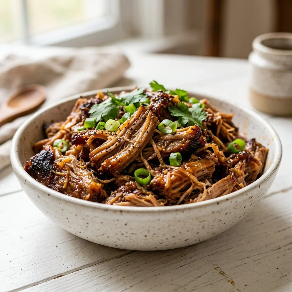 Instant Pot Pulled Pork ready to serve with barbecue sauce and buns.