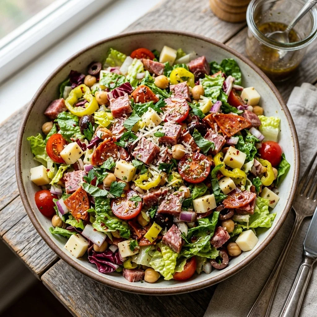 Bowl of colorful Italian Chopped Salad with fresh vegetables and dressing