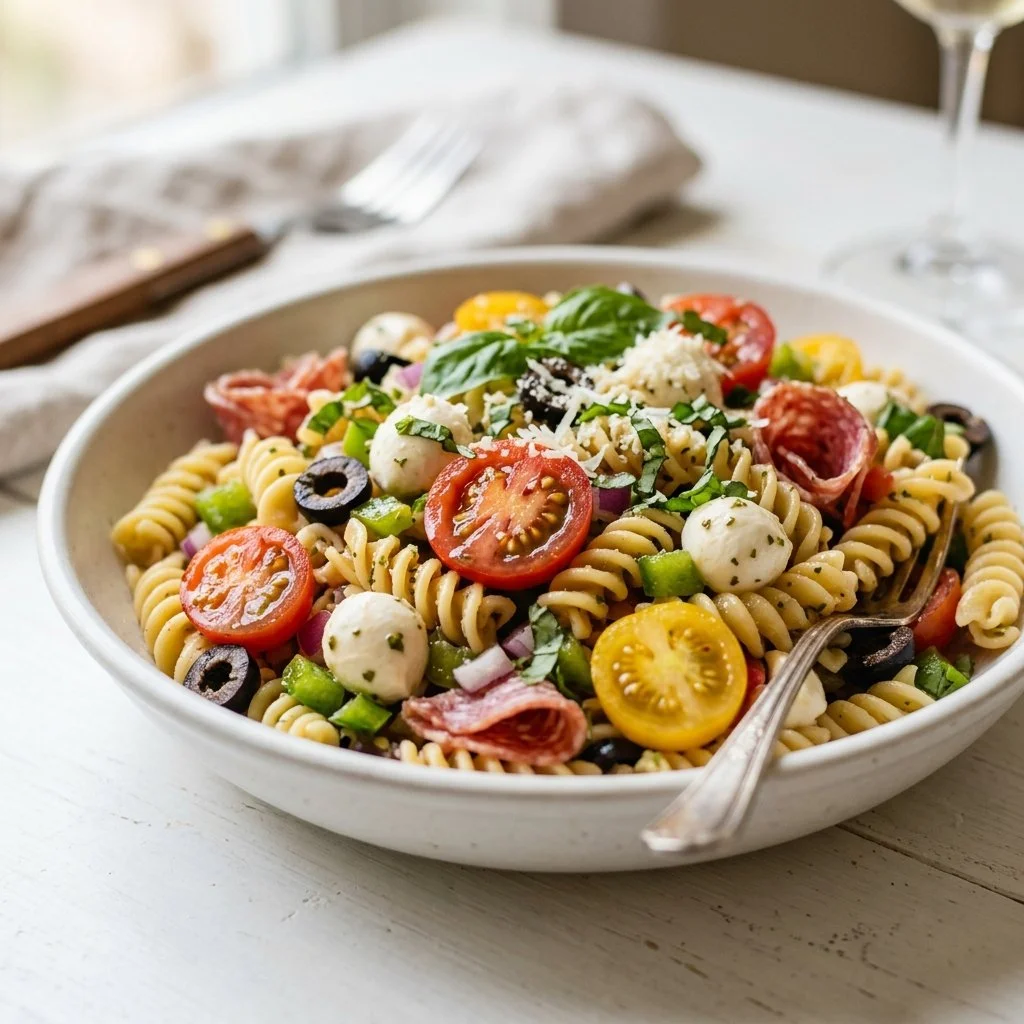 Bowl of colorful Italian pasta salad with veggies and dressing.
