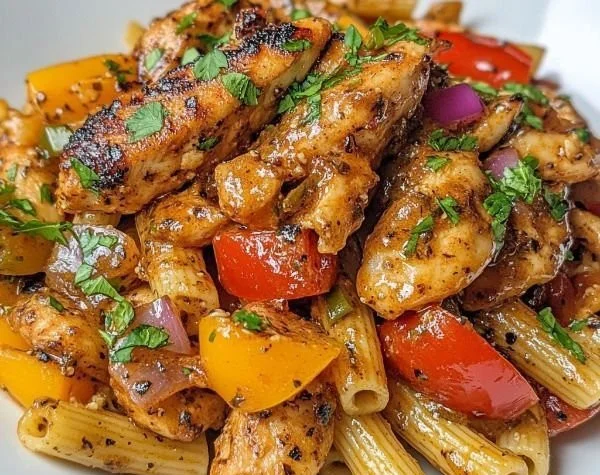 Delicious Jerk Chicken Rasta Pasta topped with herbs and spices