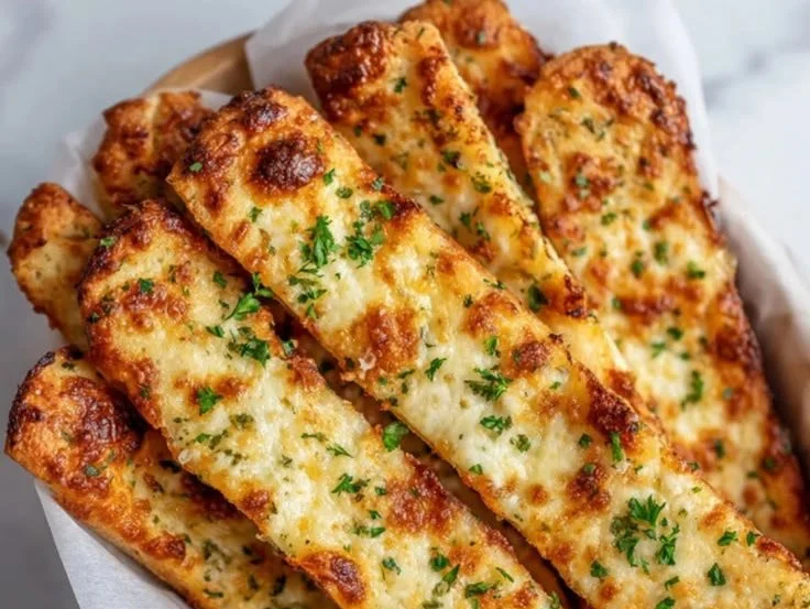Keto-friendly cheesy garlic breadsticks topped with herbs and cheese
