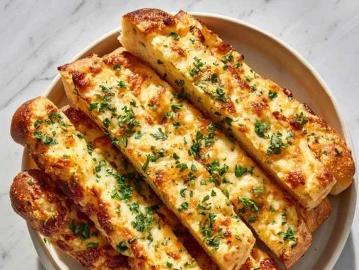 Delicious homemade keto garlic breadsticks on a wooden platter
