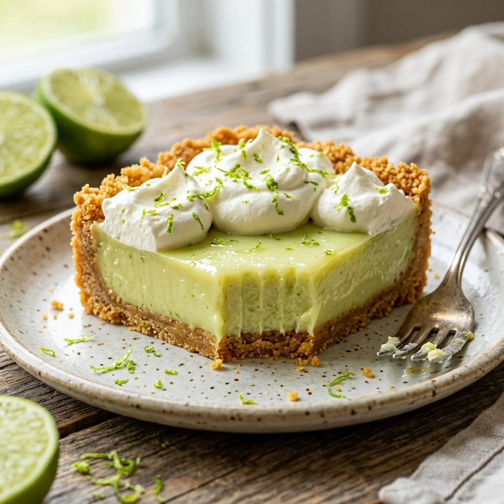 Delicious slice of homemade Key Lime Pie on a plate with whipped cream