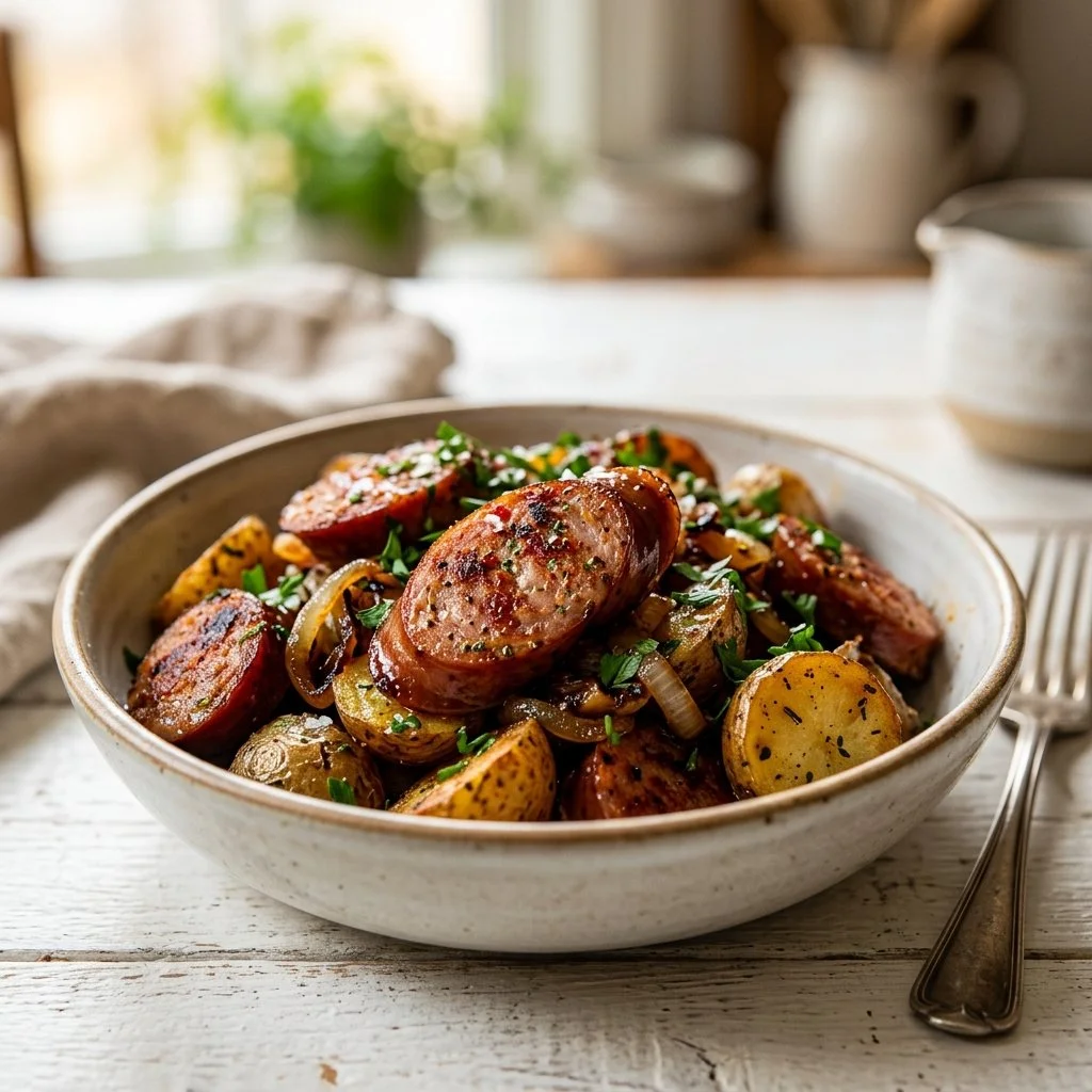 Delicious homemade kielbasa dish served with sides on a rustic table