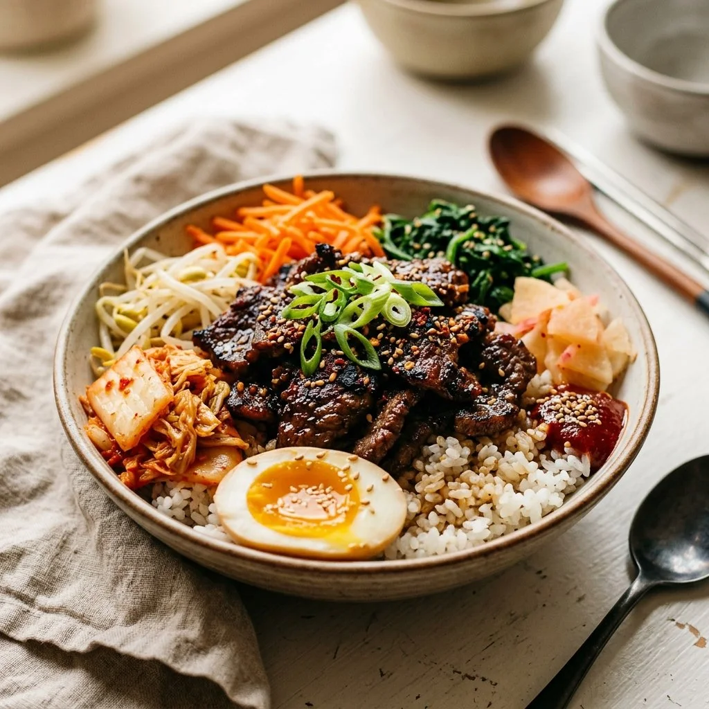 Delicious Korean Beef Bowl topped with vegetables and savory sauce