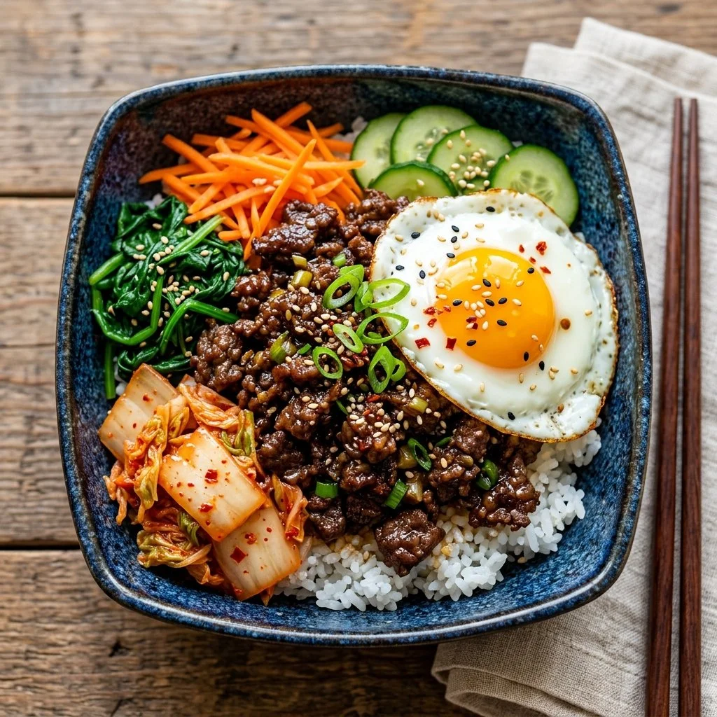 Delicious Korean beef bowls topped with fresh vegetables