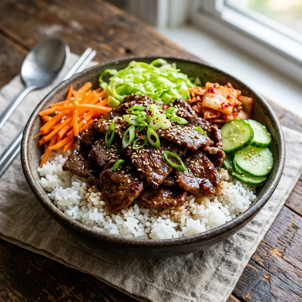 Delicious Korean Beef Bowl with marinated beef over rice and fresh vegetables