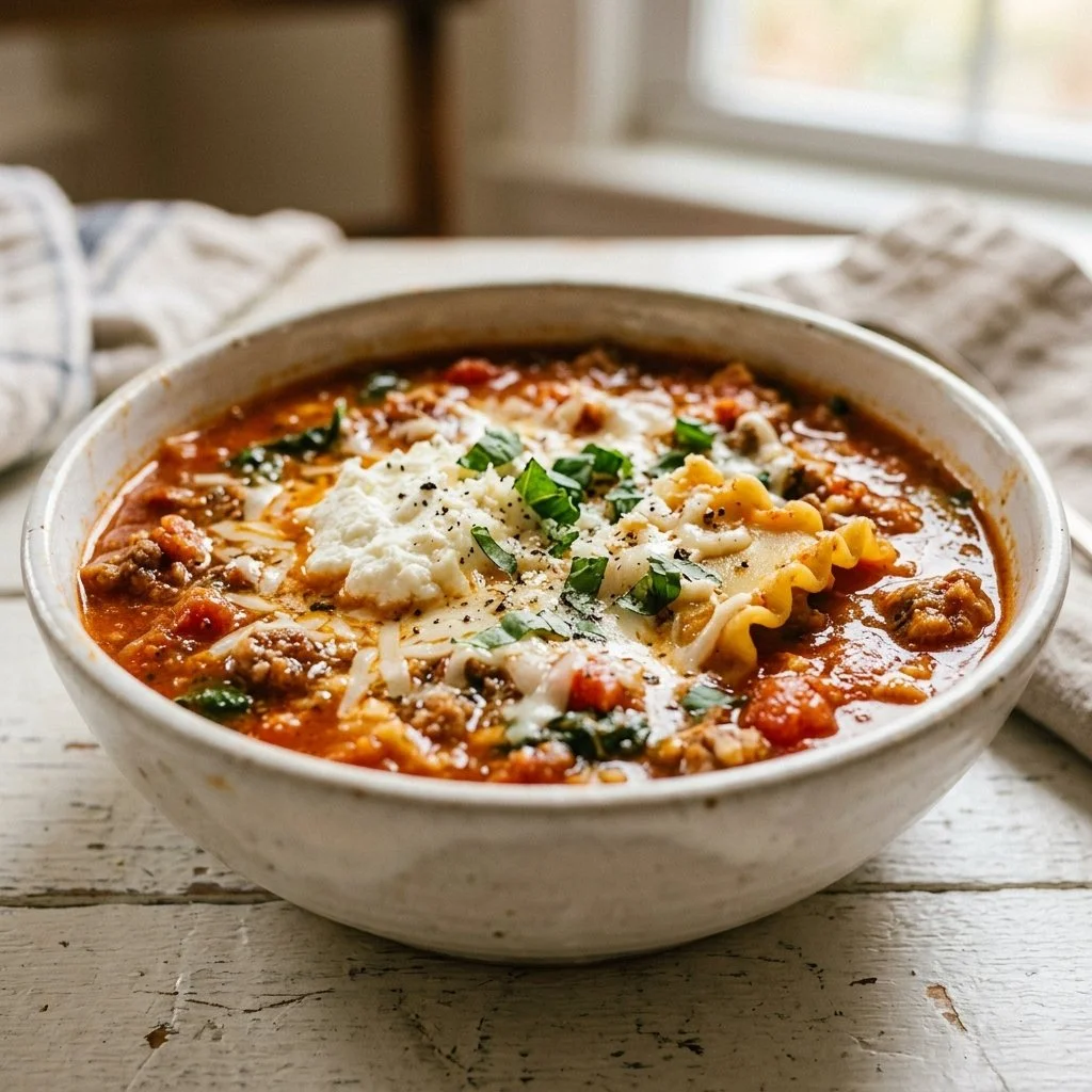 A bowl of hearty lasagna soup topped with cheese and herbs.