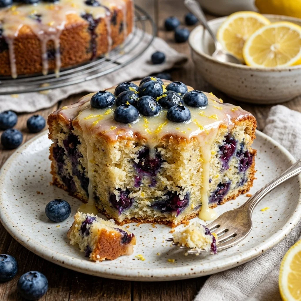 Deliciously moist Lemon Blueberry Cake topped with fresh blueberries and lemon zest