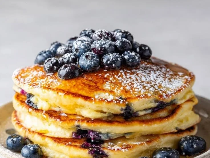 Fluffy lemon blueberry pancakes stacked on a plate with fresh blueberries and lemon slices