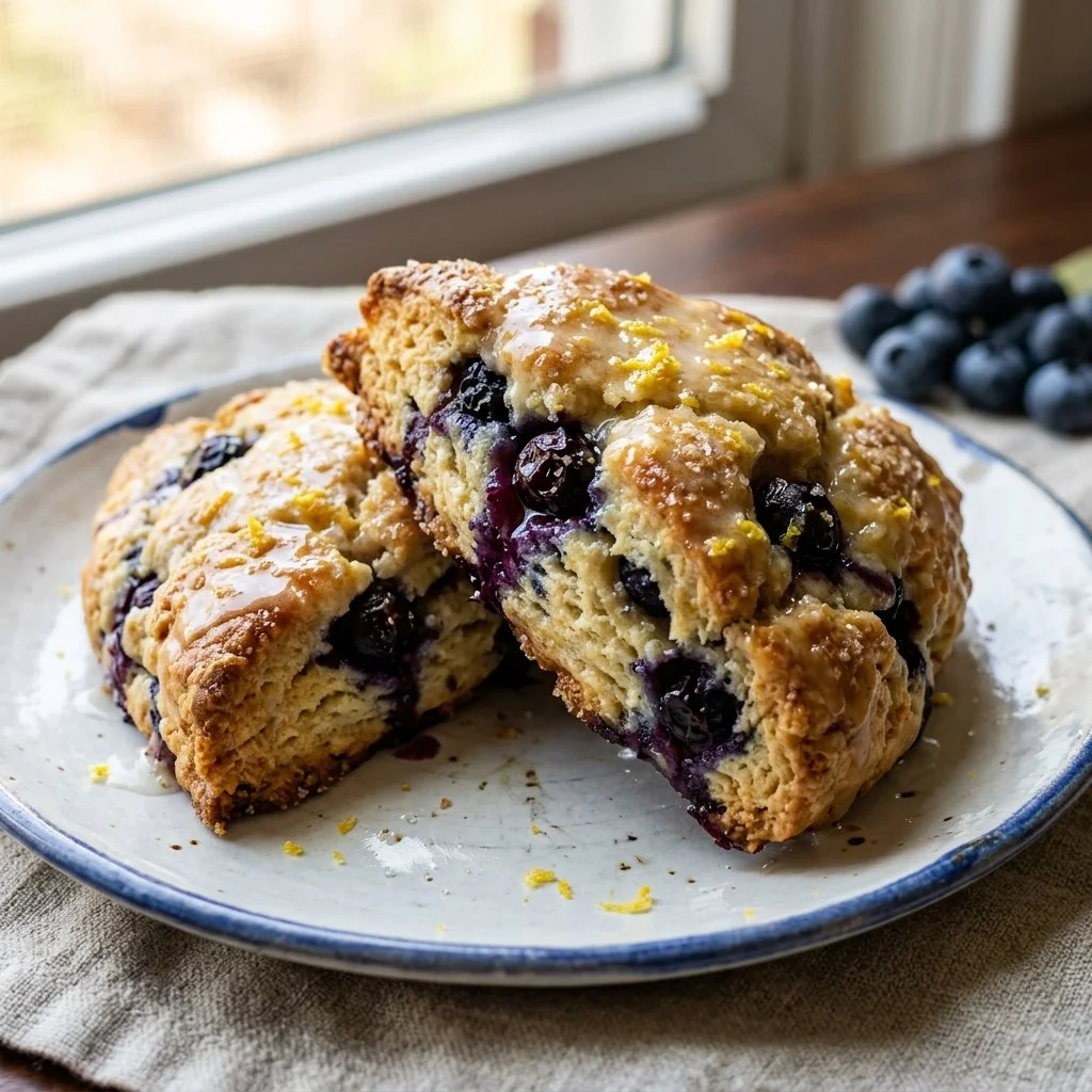 Freshly baked lemon blueberry scones on a rustic wooden table.