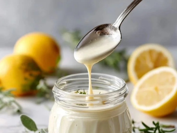 Homemade lemon cream dressing in a glass jar with fresh lemons on the side.
