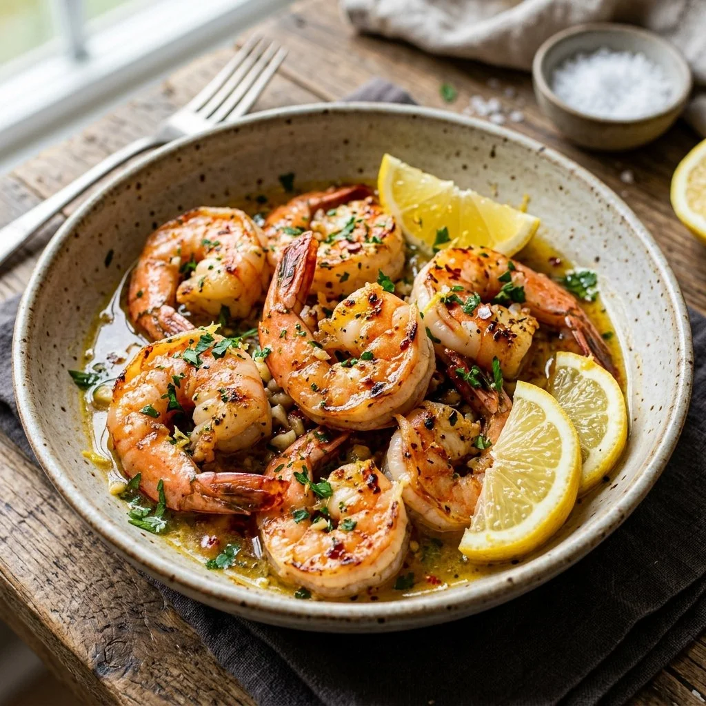 Delicious lemon garlic shrimp served with fresh herbs and lemon wedges