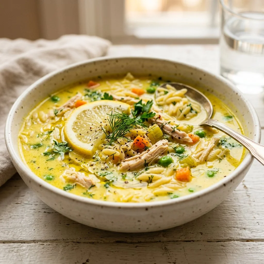 Bowl of homemade lemon orzo soup garnished with herbs and lemon slices