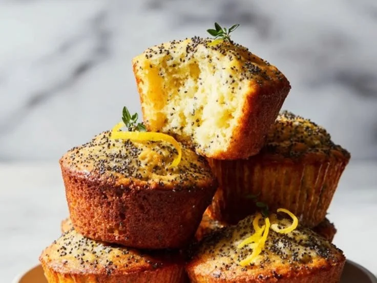 Freshly baked Lemon Poppy Seed Muffins on a cooling rack