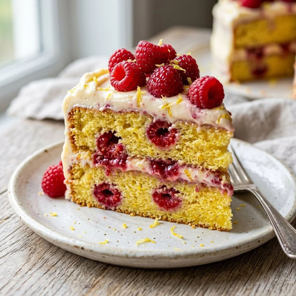Lemon Raspberry Cake with fresh raspberries and lemon zest frosting