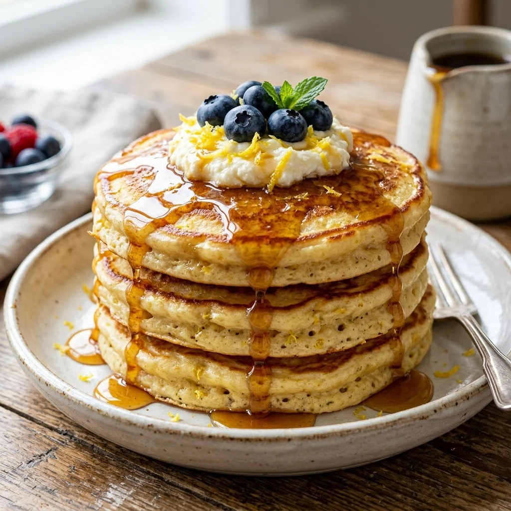Fluffy lemon ricotta pancakes served with fresh berries and syrup