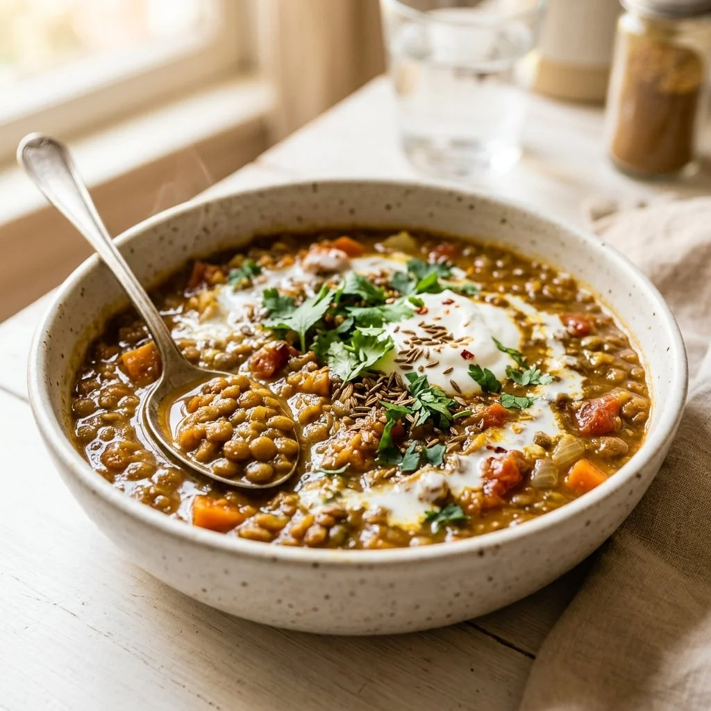 Delicious homemade lentil curry served in a bowl with fresh herbs
