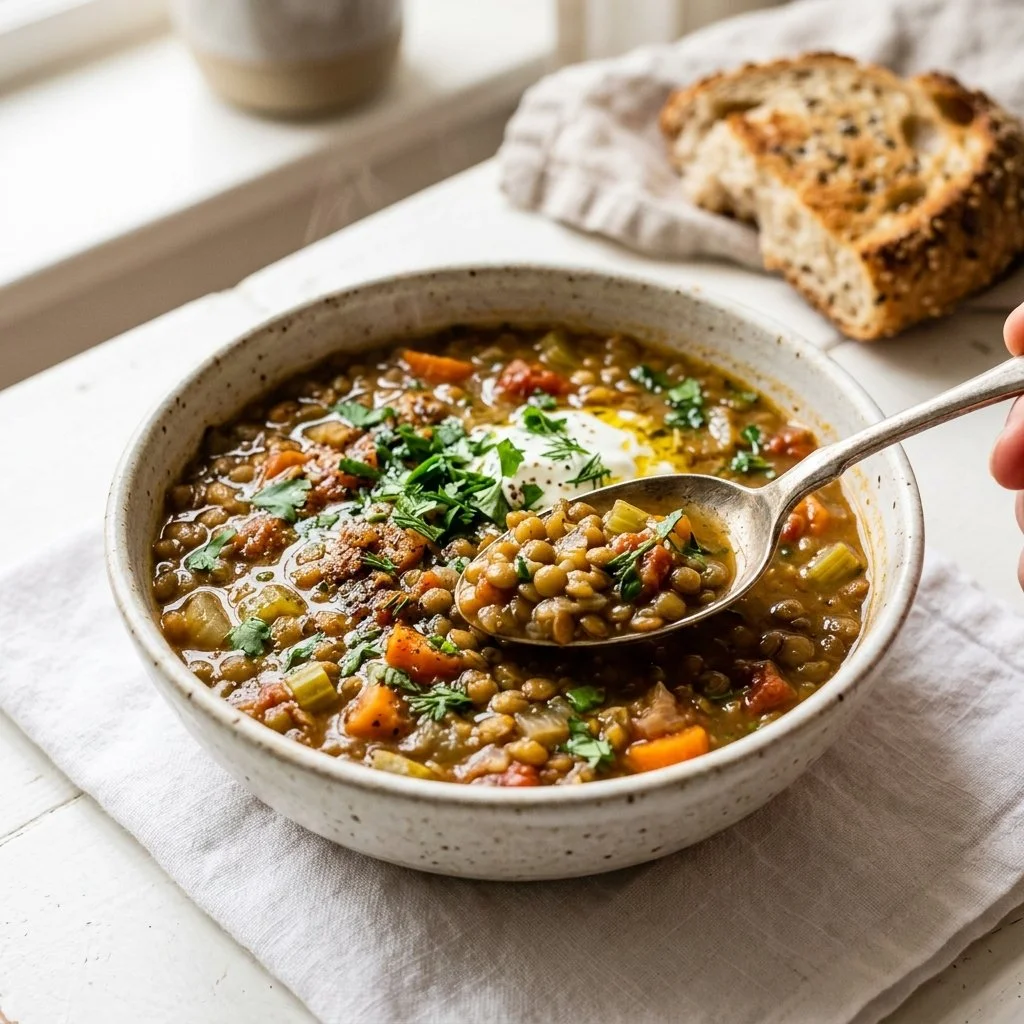 A bowl of homemade lentil soup garnished with herbs and served with bread.