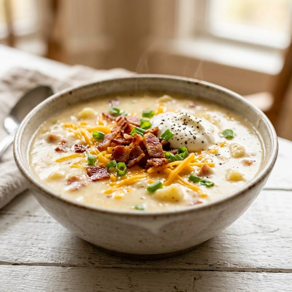 A bowl of loaded baked potato soup topped with cheese, bacon, and green onions