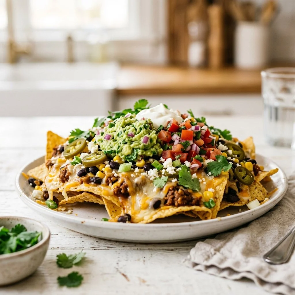 Plate of Loaded Nachos topped with cheese, jalapeños, and fresh toppings
