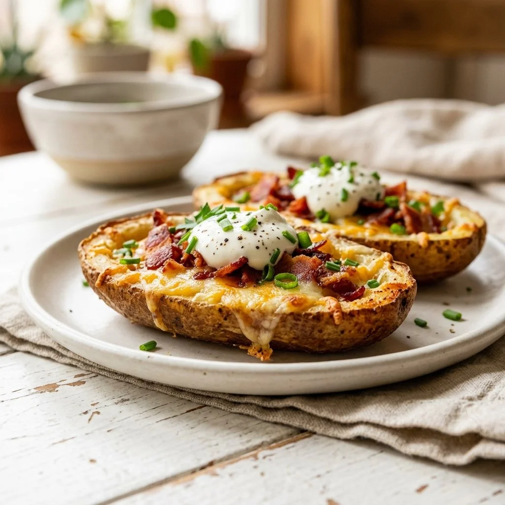 Loaded potato skins topped with cheese, bacon, and green onions