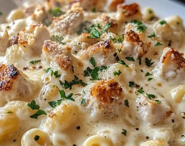 Delicious low-calorie high-protein mac and cheese dish garnished with herbs