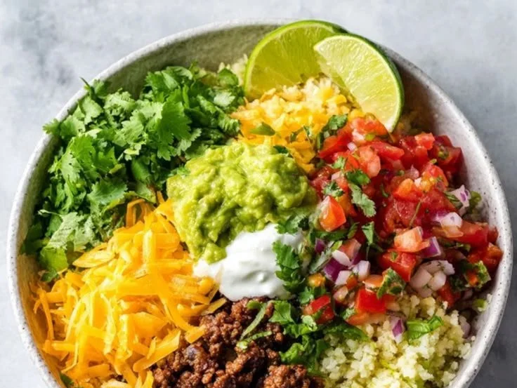 Delicious low carb burrito bowl with fresh ingredients and vibrant colors