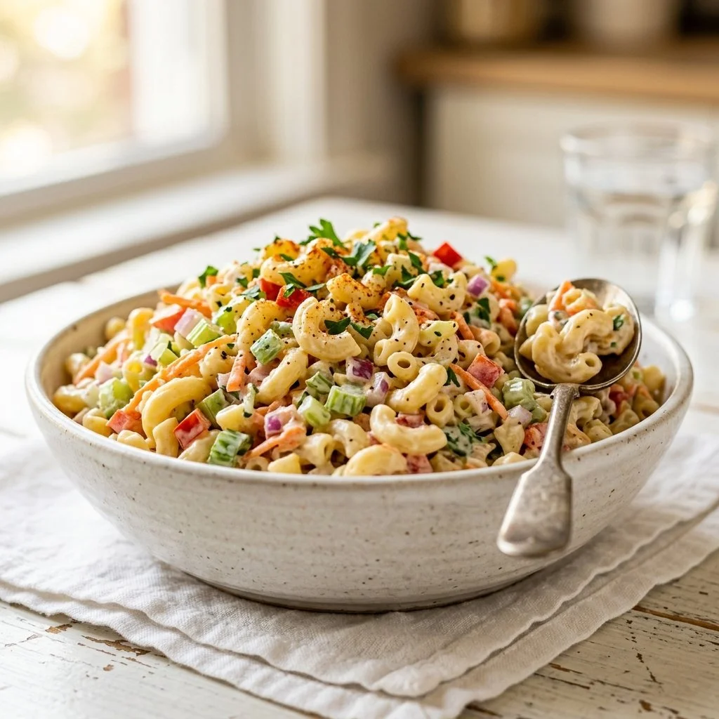 Bowl of creamy macaroni salad with vegetables and herbs