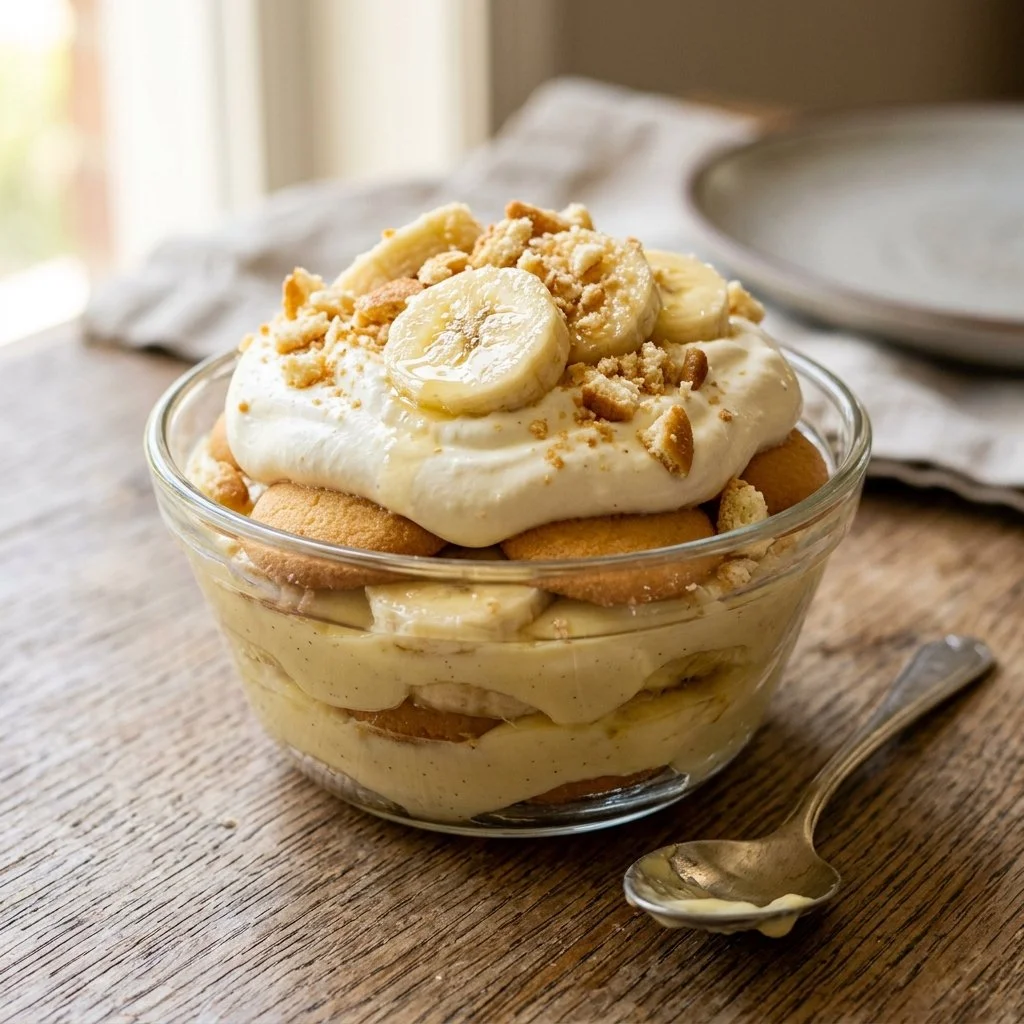 Delicious bowl of Magnolia Banana Pudding topped with whipped cream and bananas