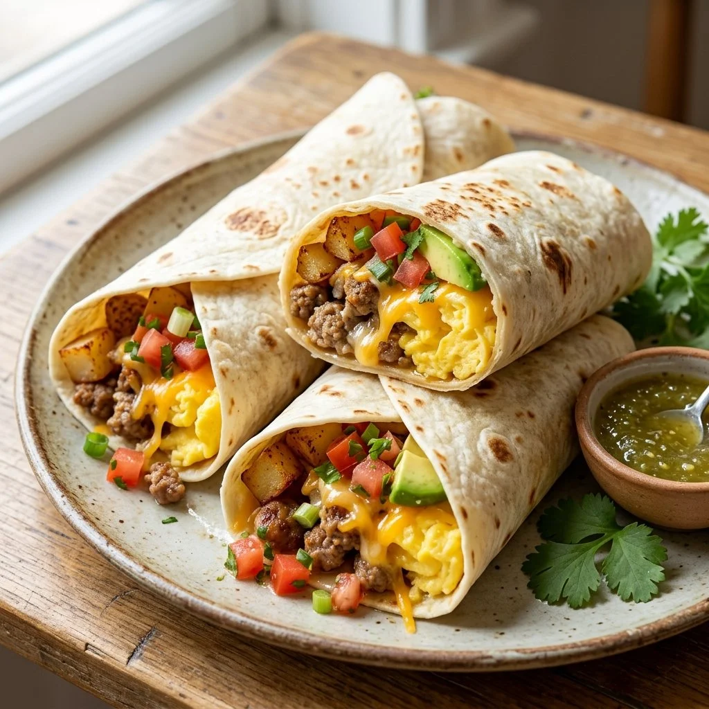Make Ahead Breakfast Burritos on a plate ready to be served
