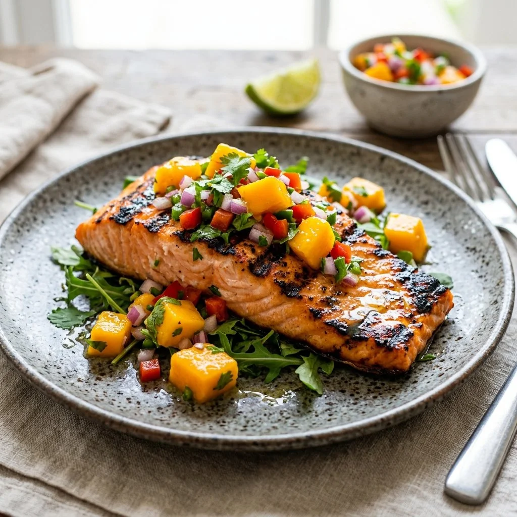 Delicious grilled salmon topped with fresh mango salsa served on a plate