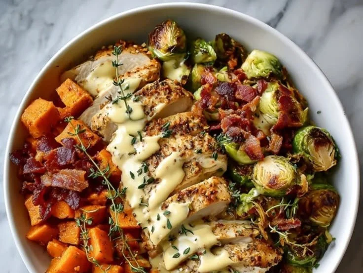 Delicious Maple Dijon Chicken Bowls served with fresh vegetables and grains.
