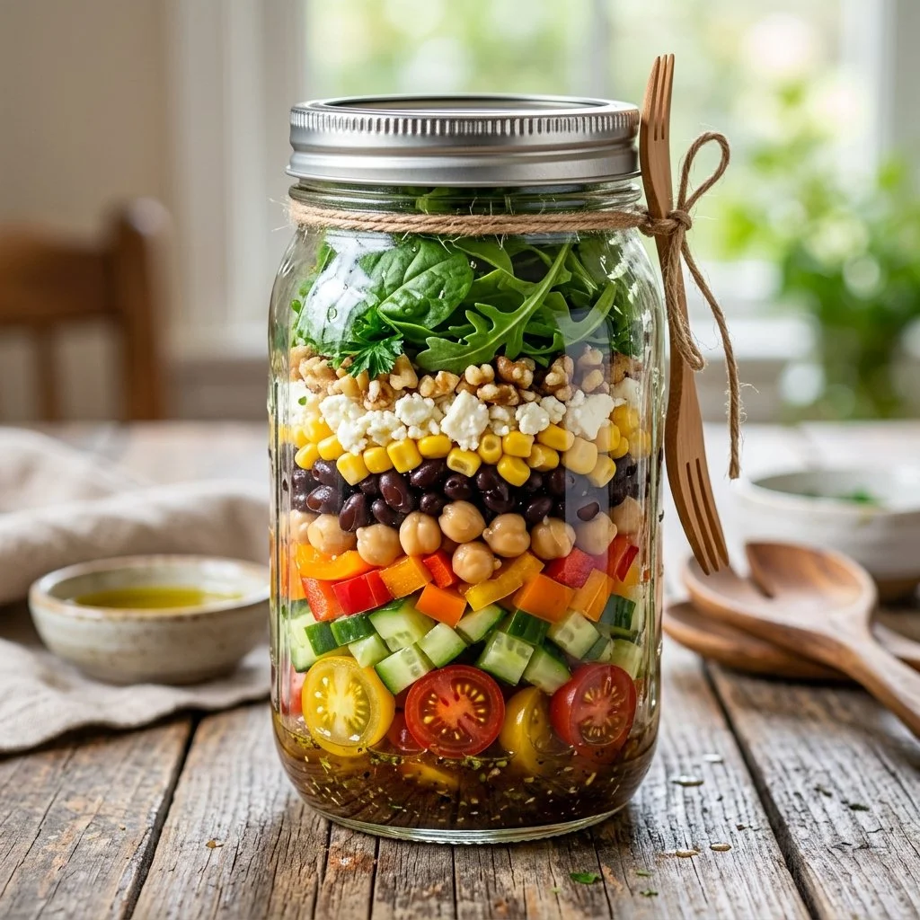 Colorful Mason Jar Salad with fresh veggies and dressing layered for meal prep