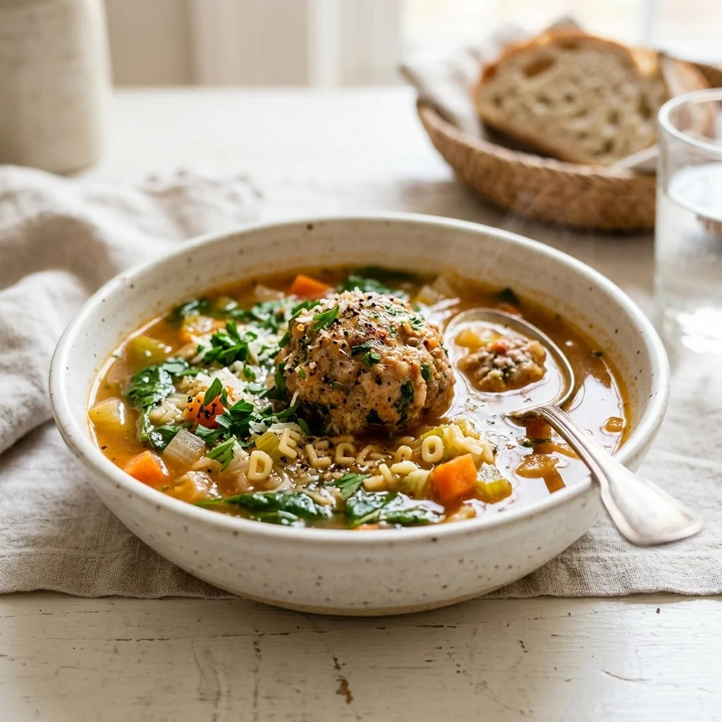 Homemade meatball soup in a bowl garnished with herbs